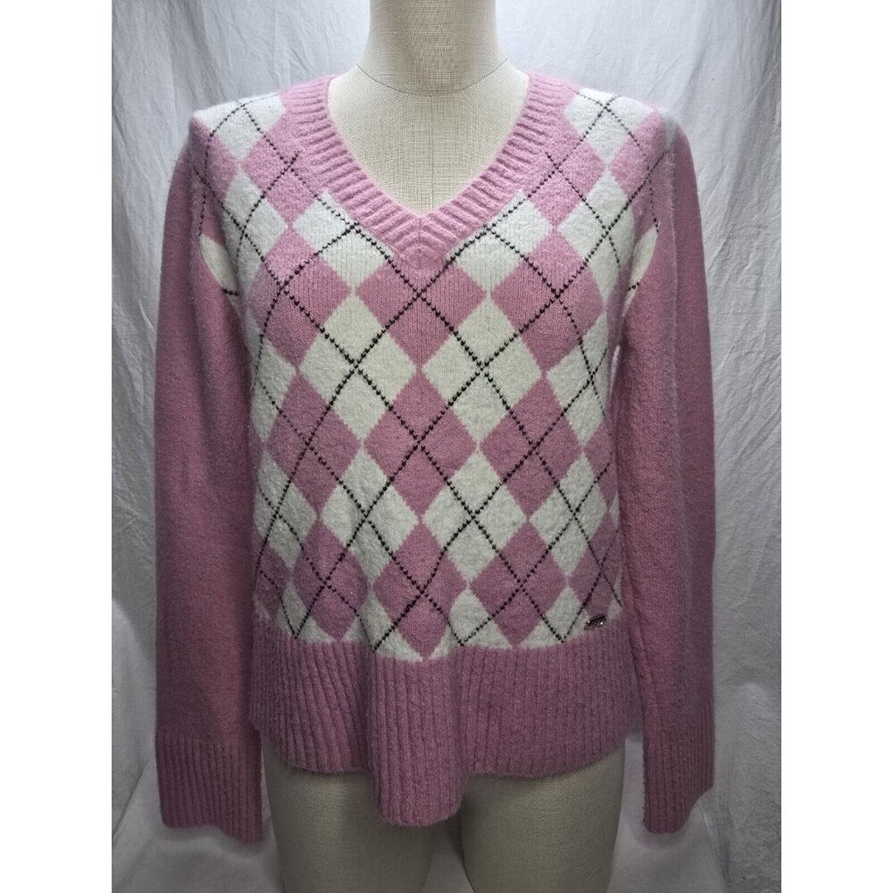 Point Zero XL Nicole Benisti Pink And White Argyle Sweater- Y2K- XL fits Smaller